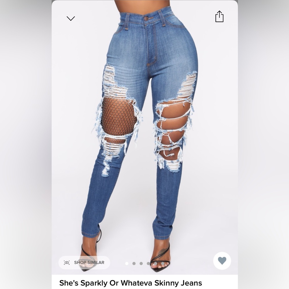“She's Sparkly Or Whateva” FashionNova High Waisted Distressed Fishnet Jeans